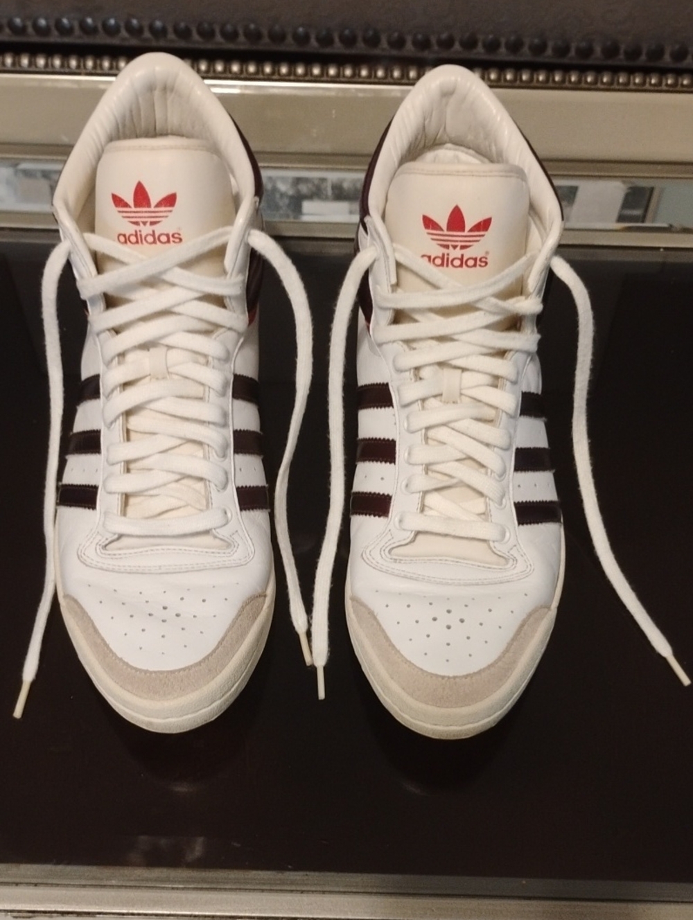 adidas White Sneakers with Brown Stripes and Red Logo